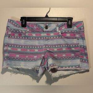 American Eagle- Pink Blue White Aztec Style Raw Hem Stretch Jean Shorts- Size 10